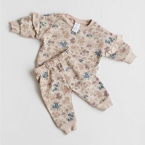 Kids Floral Ruffle Sweatshirt & Jogger Pajama Set - Beige Floral